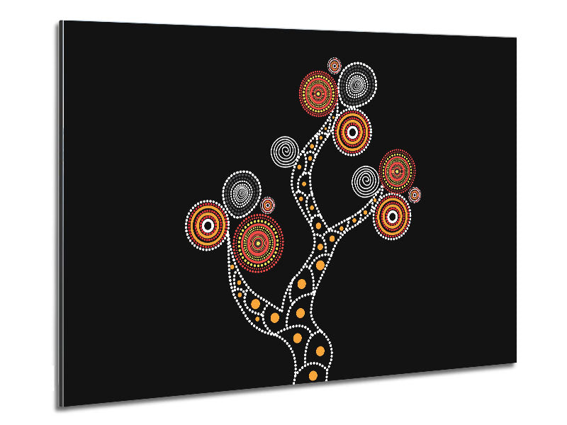 Aboriginal Tree 1 artwork printed on brushed aluminium dibond, showcasing vibrant colors and intricate designs.